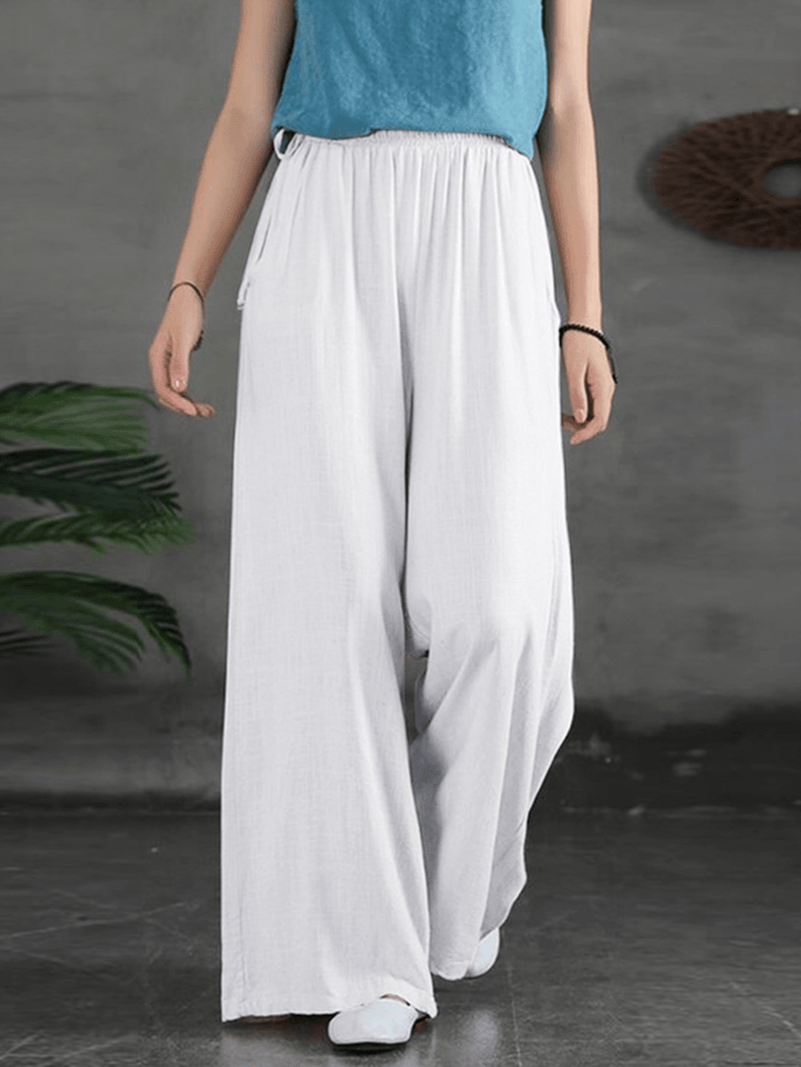 Women Casual Solid Color Side Drawstring Loose Wide Leg Pants with Pockets