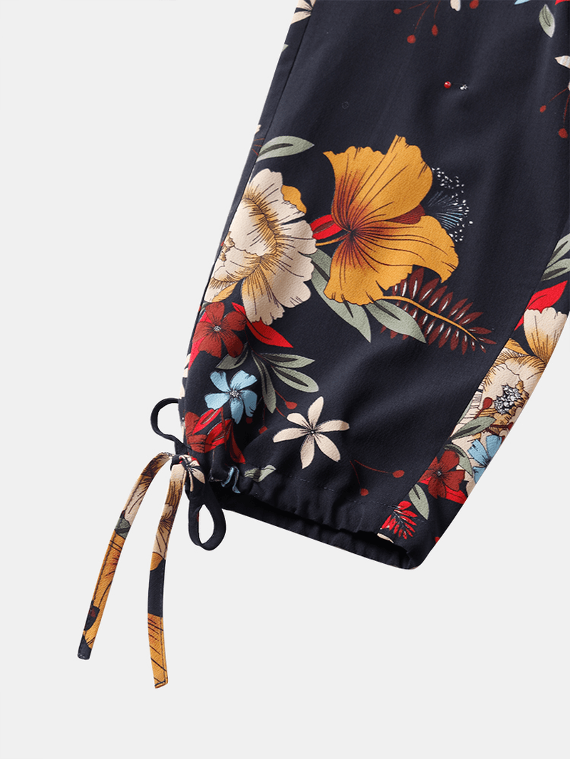 Women Floral Print Bohemian Tie Cuff Pants with Pocket