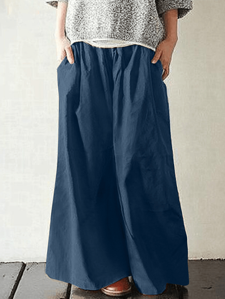 Women Cotton Pocket Elastic Waist Wide Leg Loose Casual Pants