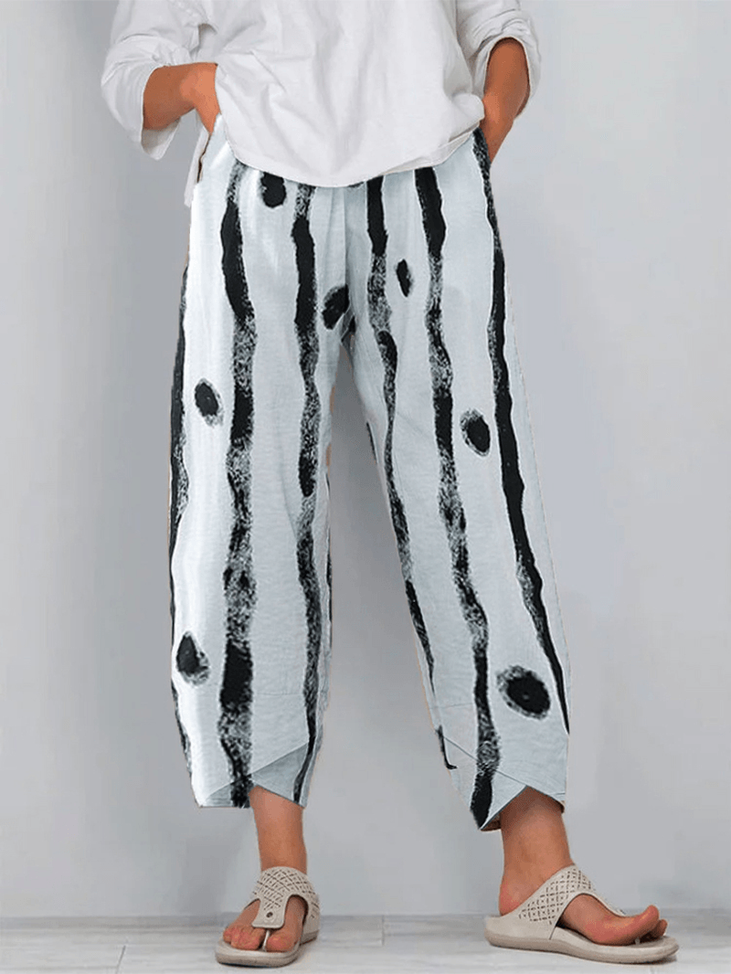 Striped Polka Dot Printed Elastic Waist Pants for Women