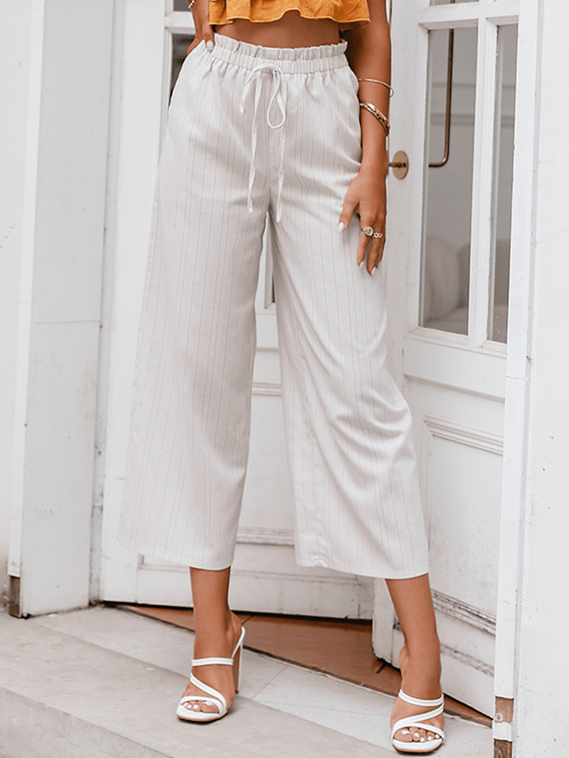 Striped Print Knotted Pocket Loose Casual Cropped Pants