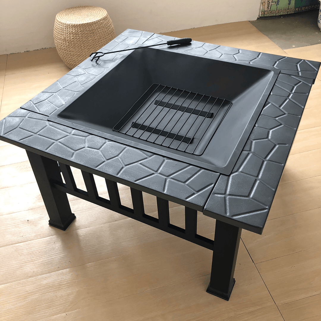 Outdoor Portable 32'' Metal Fire Pits Camping BBQ Square Table Backyard Patio Garden Stove Wood Burning Fireplace