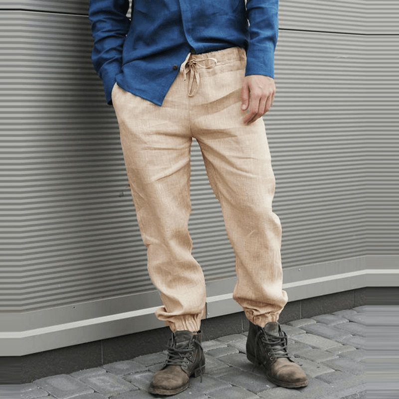 Mens Cotton Breathable Elastic Waist Casual Pants