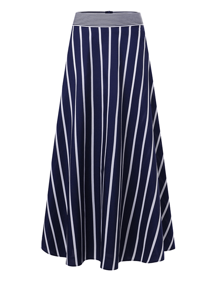 Stripe Print Elastic Waist Back Zipper Leisure Maxi Skirts