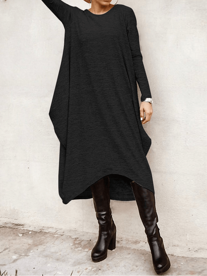 Women's Casual High Low Hem Midi Dress - Loose Fit with Long Sleeves - MRSLM