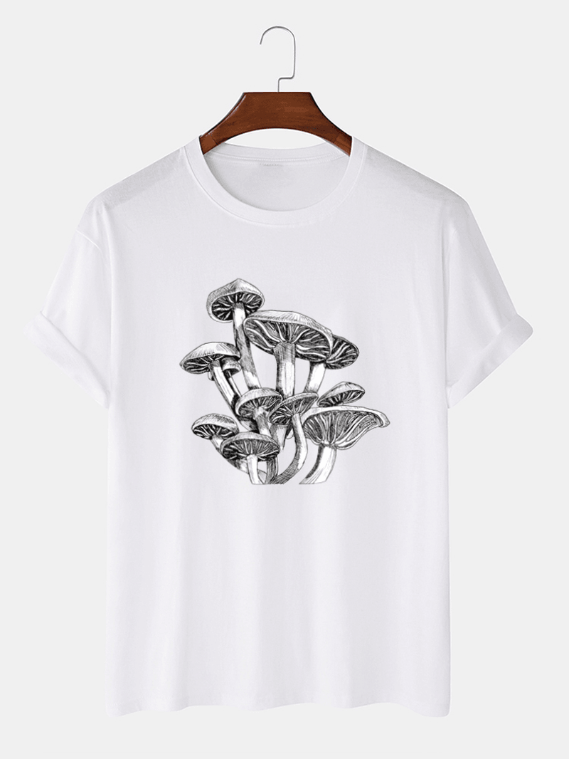 Mens Mushroom Sketches Print 100% Cotton O-Neck Short Sleeve T-Shirt