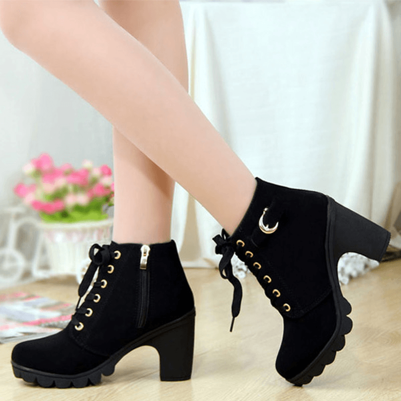 Round Toe Thick High Heel Lace-Up Side Zipper Women Boots