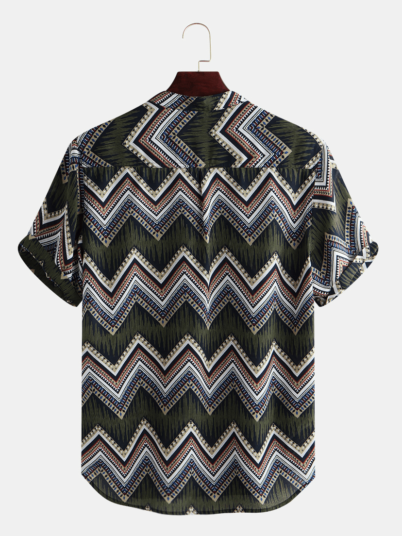 Mens Ethnic Chevron Printed Short Sleeve Casual Loose Henley Shirts Shirts