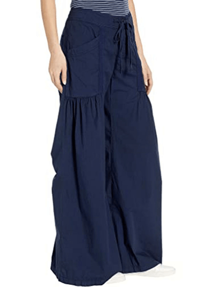 Women Solid Color Elastic Waist Loose Wide Leg Pants with Pocket