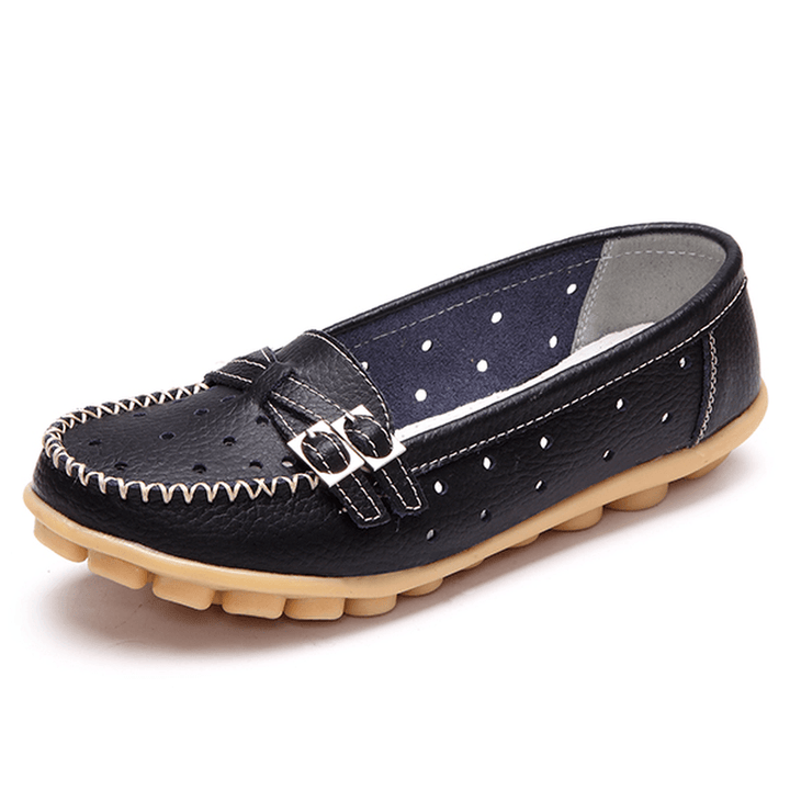 Women Flat Hollow Out Casual Soft Leather Slip on round Toe Loafers - MRSLM