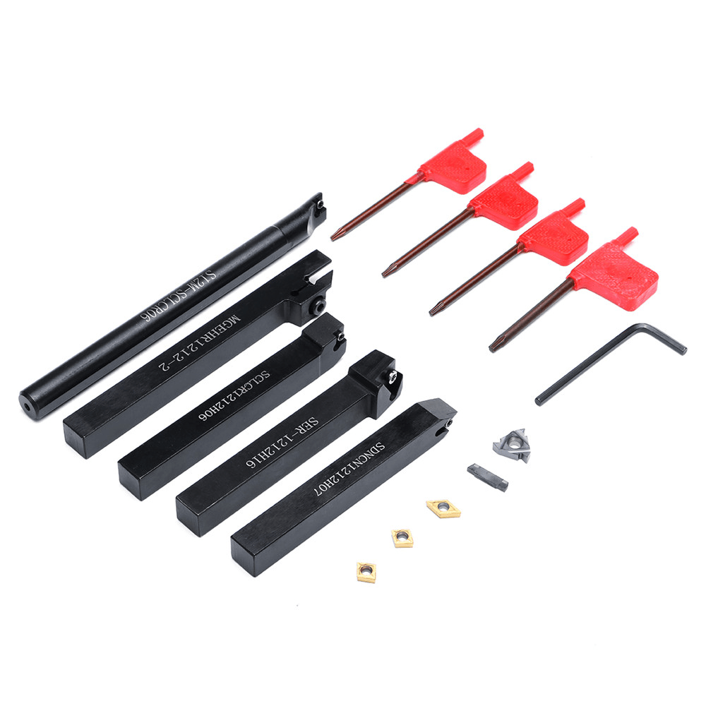 5Pcs 12Mm Shank Turning Tool Holder Set with Inserts Blade Wrench for Bench Lathe CNC