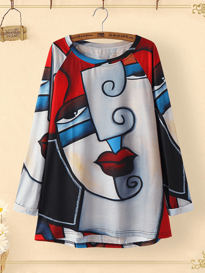 Women Vintage Abstract Figure Printed O-Neck Irregular Hem Long Sleeve Blouse