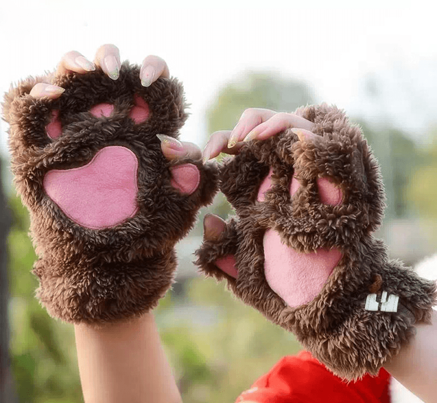 Women Girls Fluffy Plush Bear Cat Paw Fingerless Gloves Paw Glove Winter Warm Mittens