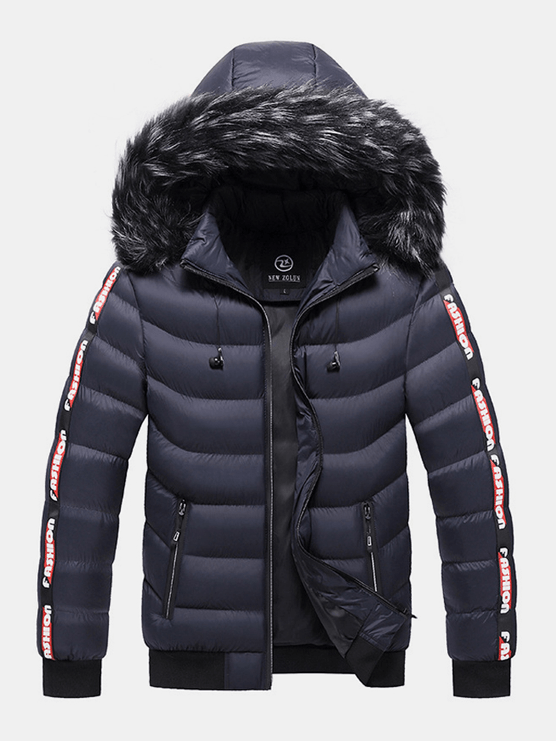 Men Letter Webbing Thick Removable Fur Hooded Zipper Pocket Solid Color down Jacket