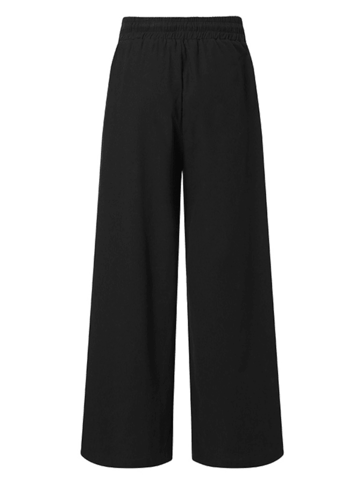 Solid Color Elastic Waist Side Pocket Simple Casual Wide Leg Pants for Women