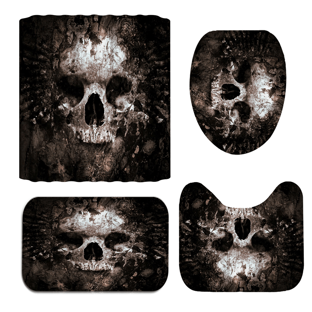 Skull Pattern Polyester Bathroom Shower Curtain Non-Slip Toilet Cover Mat Rug Set