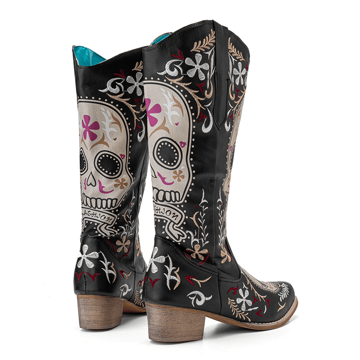 Women Color Kartoon Printed Embroidered Wear Resistant Chunky Heel Mid-Calf Boots