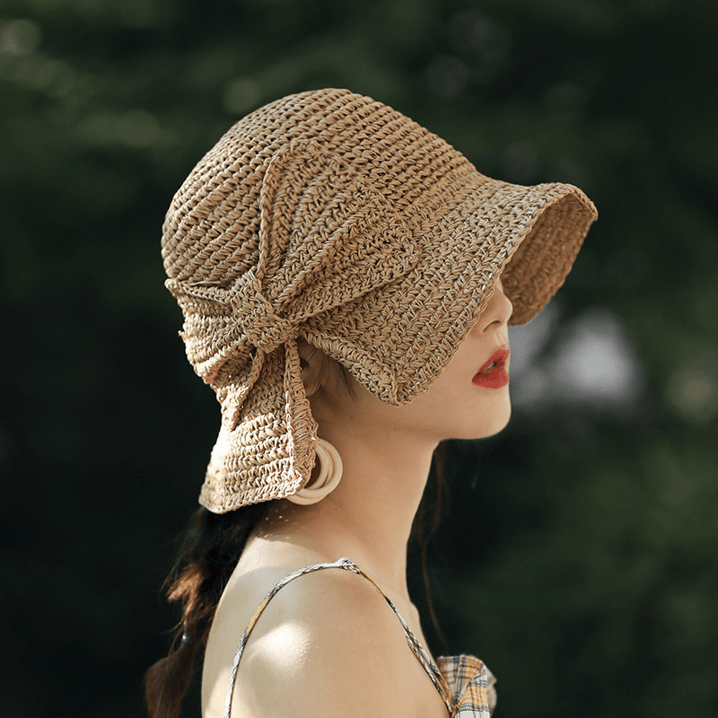 Female Foldable Bowknot Decoration Casual Breathable Small Brim Sunscreen Sun Hat Straw Hat Bucket Hat