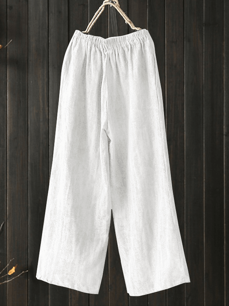 Women High Elastic Waist Loose Cotton Wide Leg Pants with Pockets