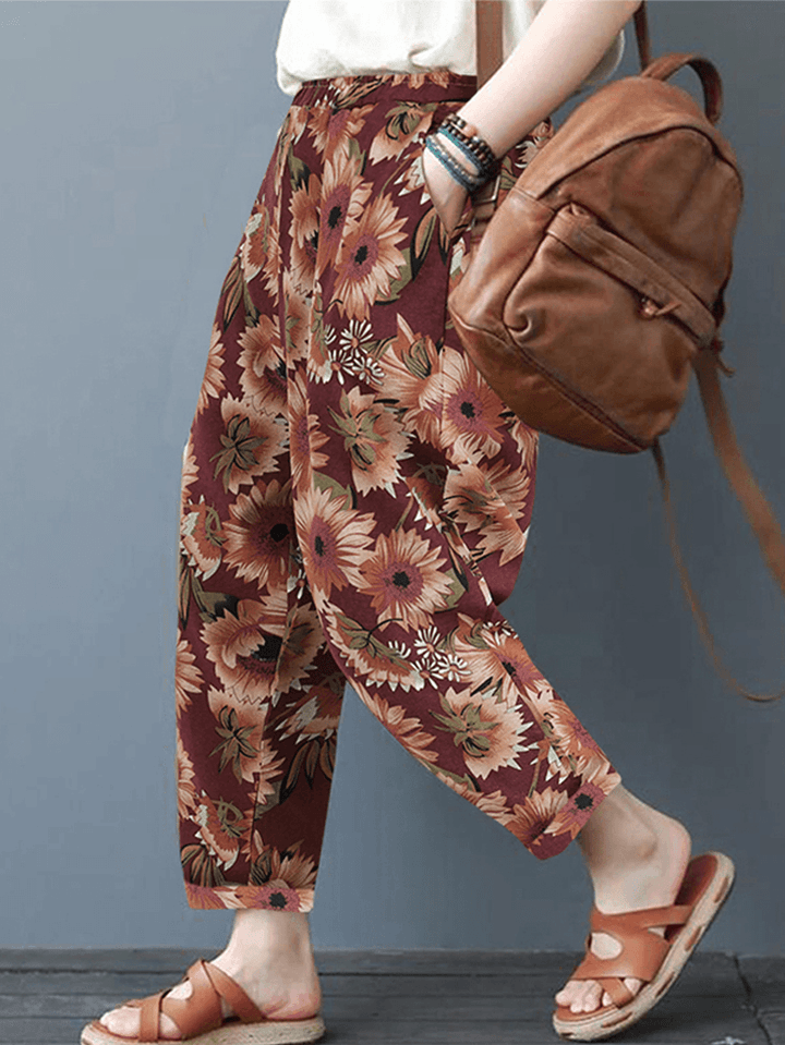 Women Sunflower Daisy Floral Print Cotton Casual Pants with Side Pockets