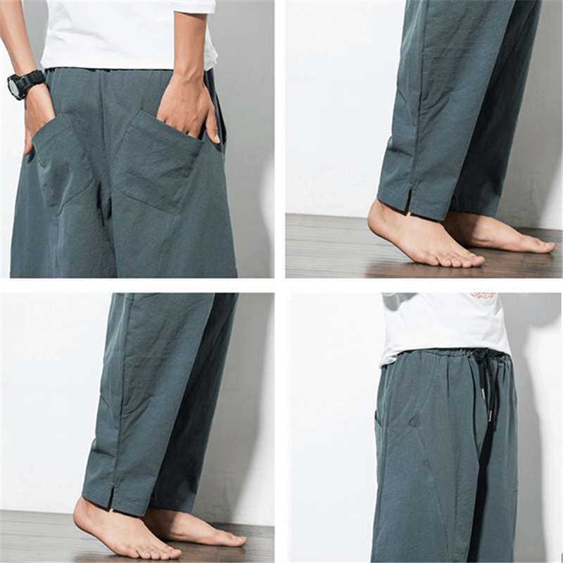 Men'S Loose Wide Leg Pants Solid Color Casual Baggy Breathable Cotton Harem Pants