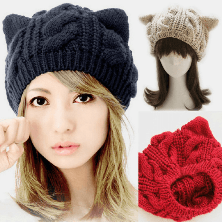 Unisex Woolen Warm Soft Cat Ear Decoration Casual Cute All-Match Couple Hat Knitted Hat