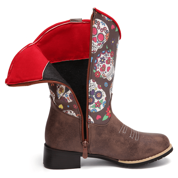 Women Retro Flower Printing Pointed Toe Zipper Mid-Calf Cowboy Boots