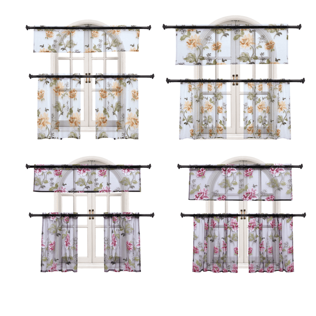 3 PCS Kitchen Curtain Washable Rod Pocket Curtain Tier Embroidered Floral Sheer Curtain