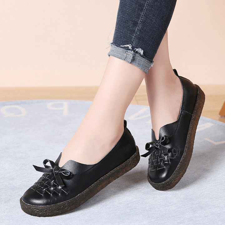 Women'S Leather Slip on Solid Color Woven Bowknot Asakuchi Flats Loafers Shoes