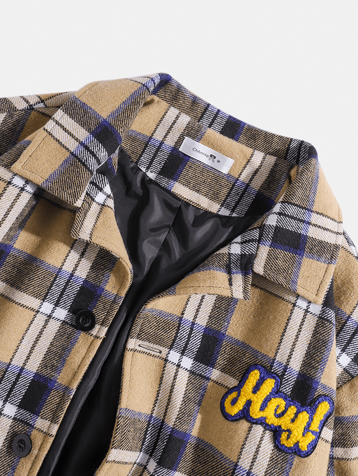 Mens Classic Plaid Letter Double Large Pocket Long Sleeve Jacket