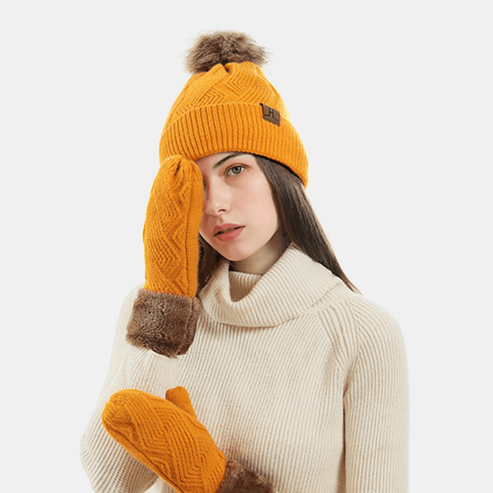 Women 2PCS Wool plus Thicken Warm Winter Outdoor Knitted Gloves Knitted Hat with Fluff Ball