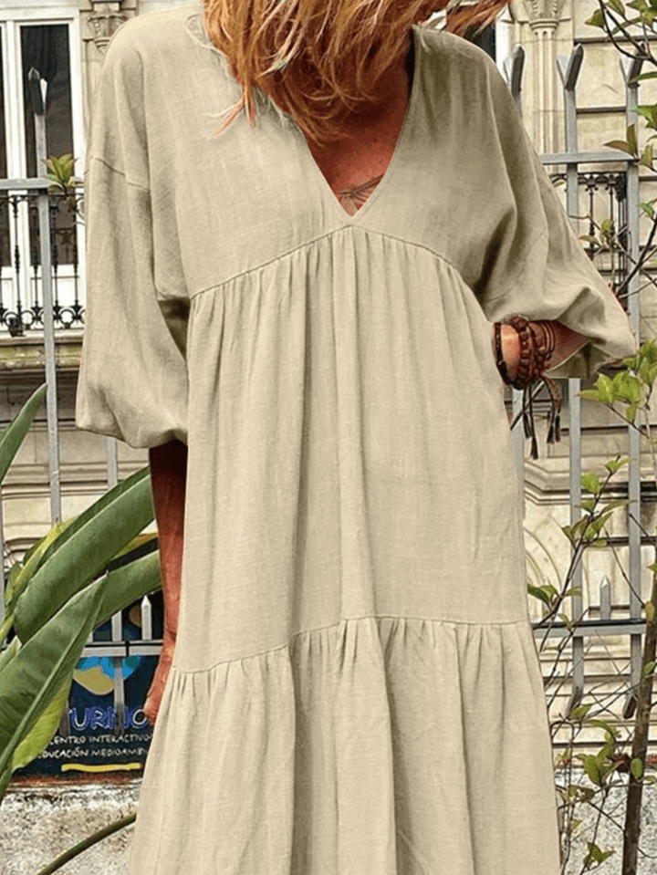 Women V-Neck Cotton Long Sleeve Puff Sleeve Maxi Dresses with Side Pockets