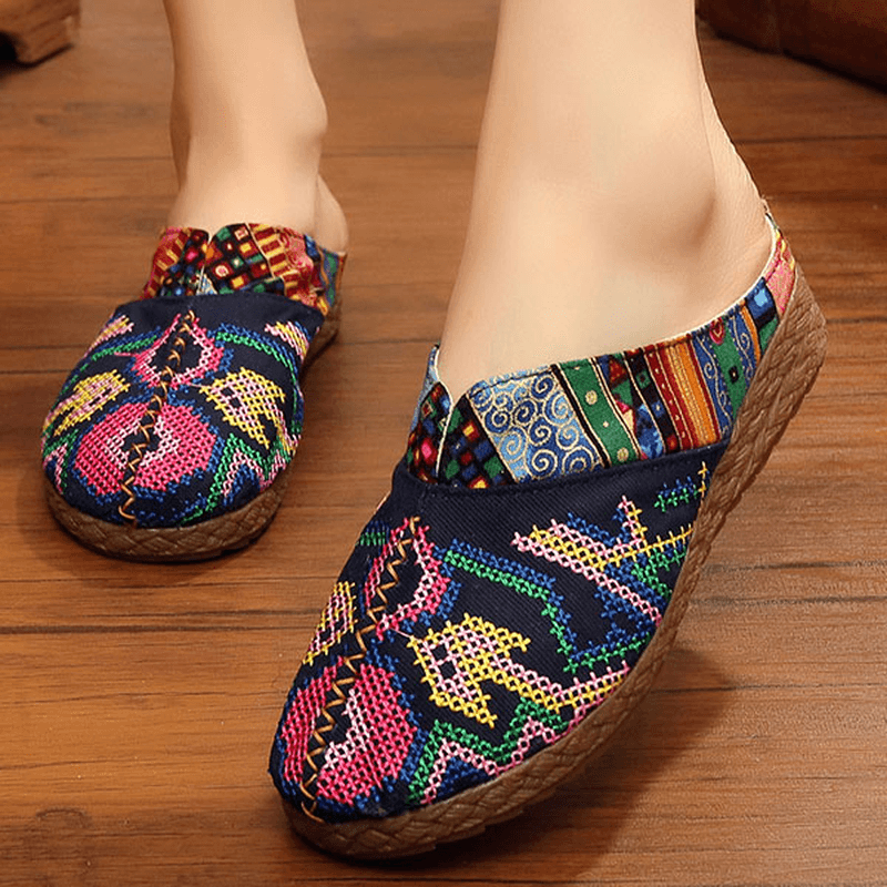 Women Flax Casual Outdoor Embroidery Flat Slipper Shoes