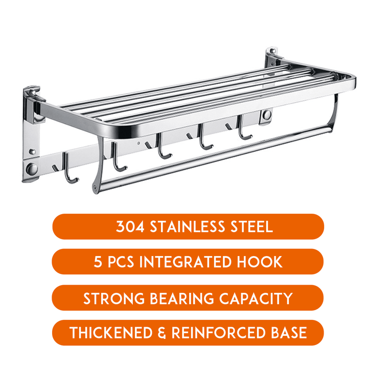 Bakeey 304 Stainless Steel Double Towel Rail Rack Shelf Wall Mounted Bathroom with 5 Hook