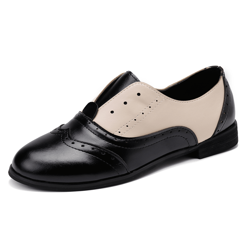 Women Color Splicing Square Heel round Toe Brogue Oxfords Casual Flats Loafers - MRSLM