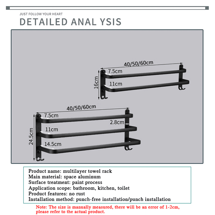 40/50/60Cm Three Pole Space Aluminum Towel Racks No Punching Towel Racks with Hook