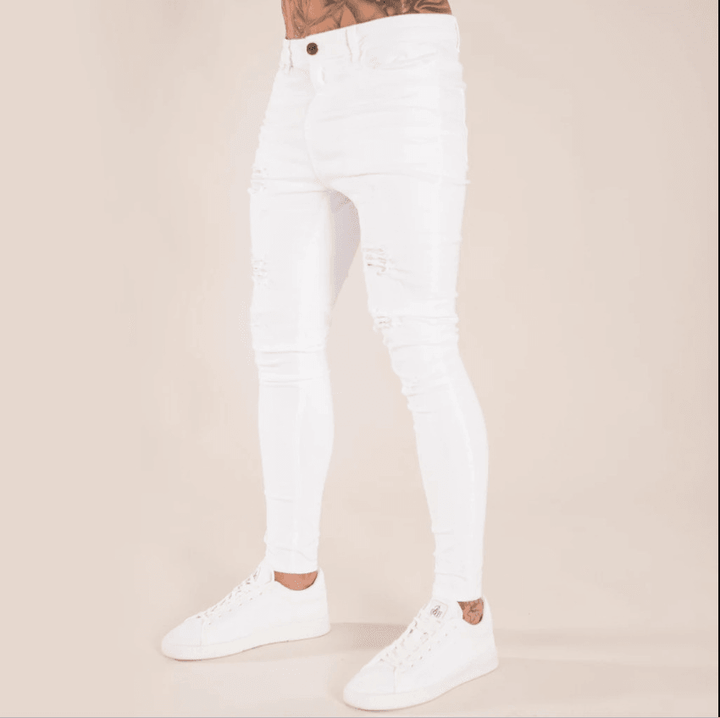 Ripped European and American Black Slim High Waist Jeans Men'S