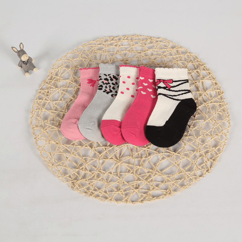 5 Pairs of Children Four Seasons Tube Socks Pink Gray Leopard Print