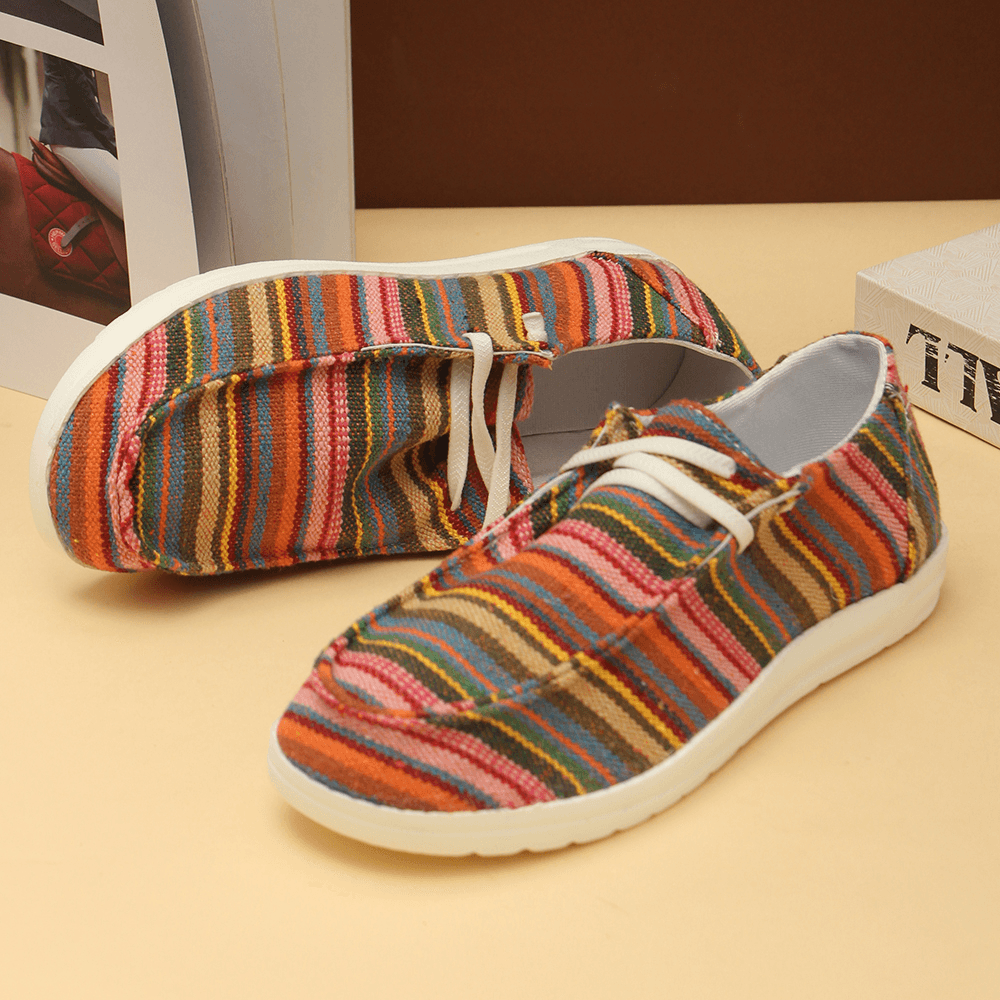 Women Large Size Stripe Printing Leopard Canvas Elastic Band Lace up Casual Flat Shoes