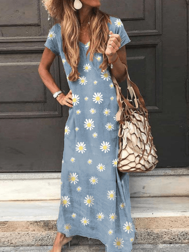 Daisy Print V-Neck Short Sleeve Casual Loose Maxi Dress for Women