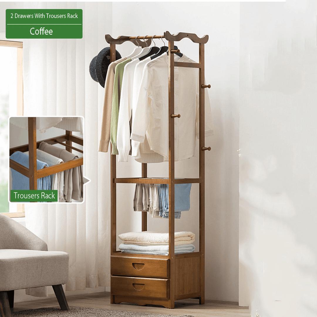 8 Hook Coat Rack 2/3 Drawer Bamboo Wooden Hanging Stand Cloth Trousers Hanger Home Office Storage - MRSLM