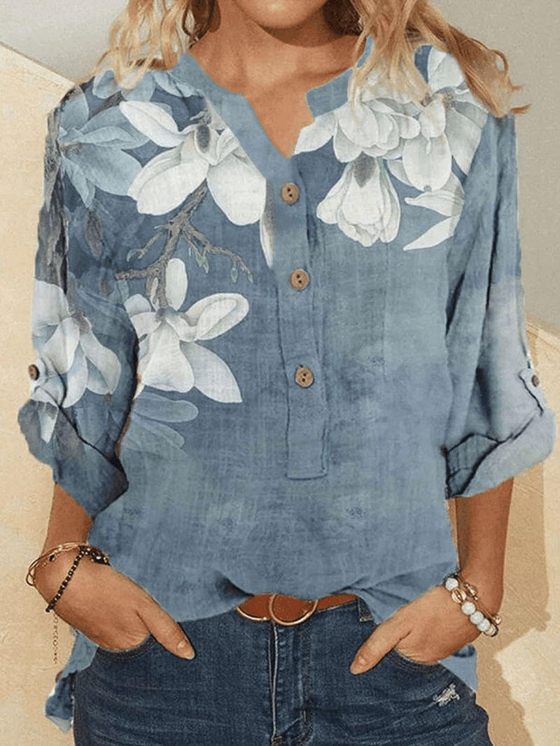 Women Cotton Floral Embroidery Casual Stand Collar Shirt