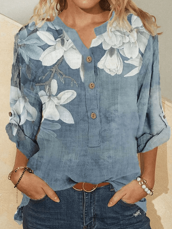 Women Cotton Floral Embroidery Casual Stand Collar Shirt