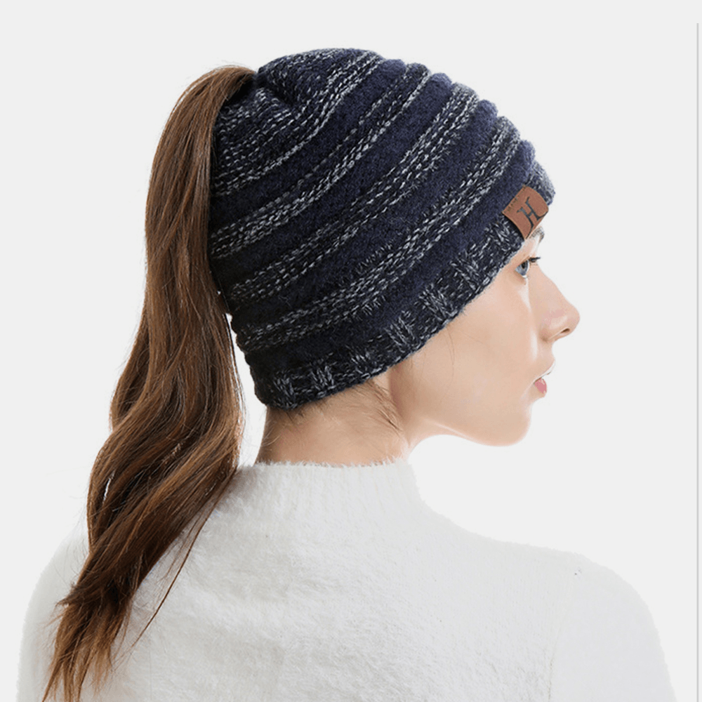 Unisex Wool Stripe Pattern Keep Warm Empty Top Ear Protection Knitted Hat