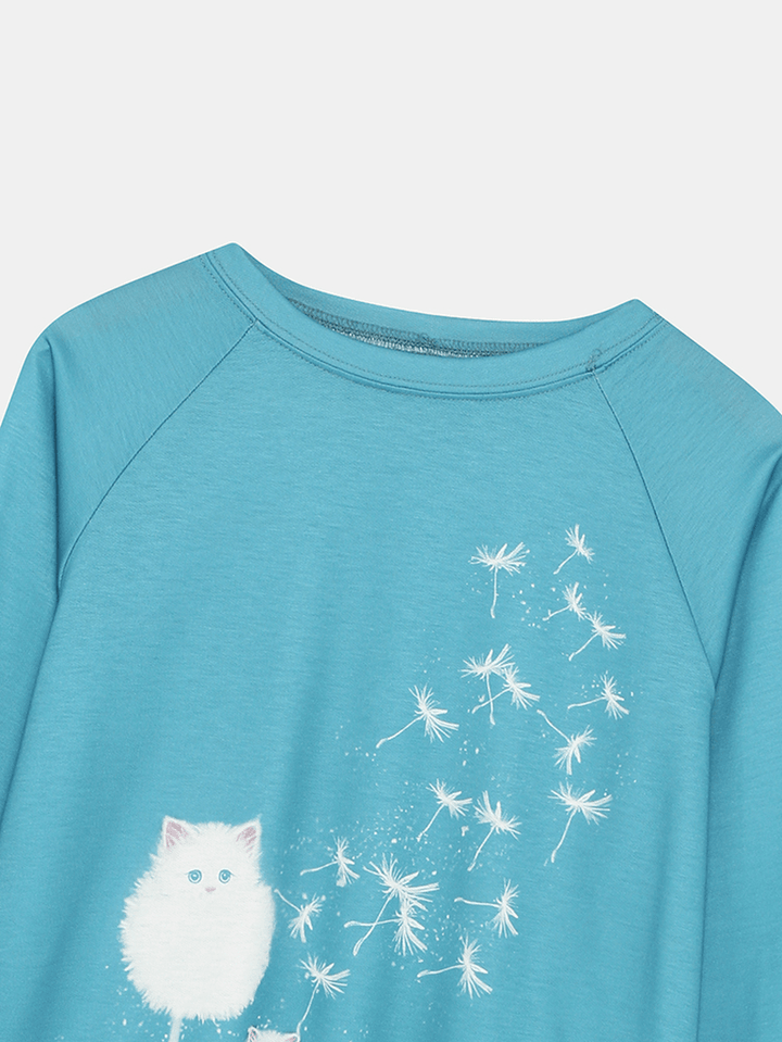 Women Cute Cat Dandelions Print round Neck Long Sleeve Casual Sweatshirt