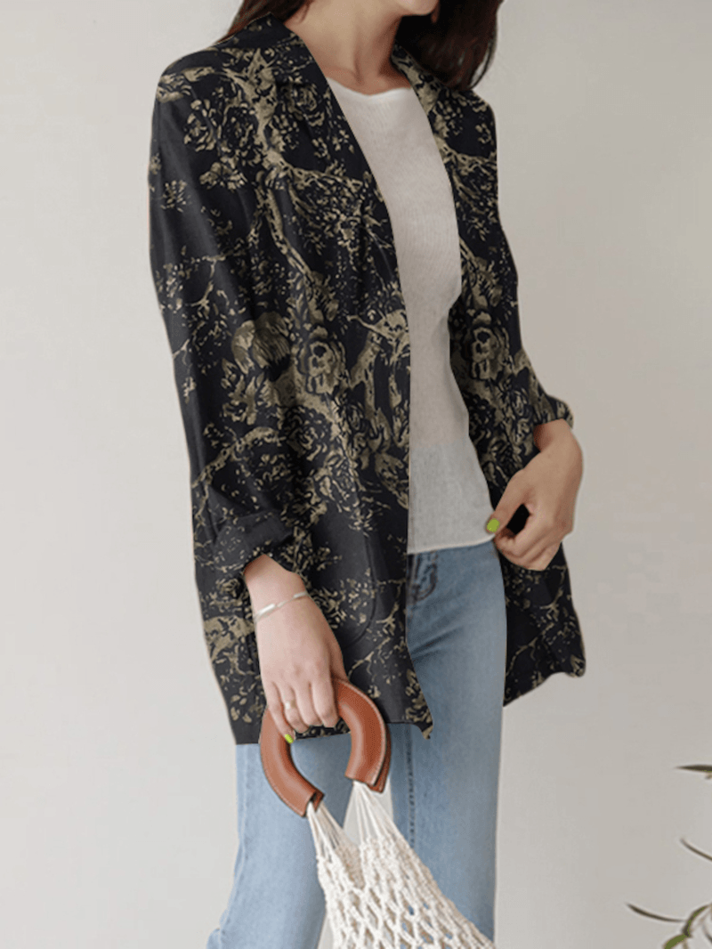 Women Loose Lapel Full Sleeve Floral Casual Side Pockets Coat