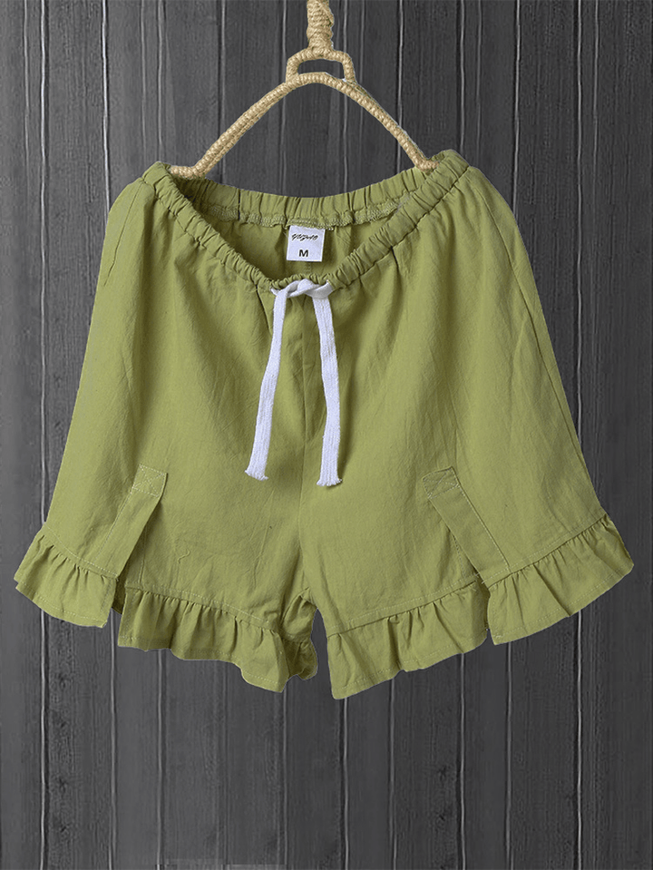 Solid Color Elastic Waist Ruffle Shorts Pants