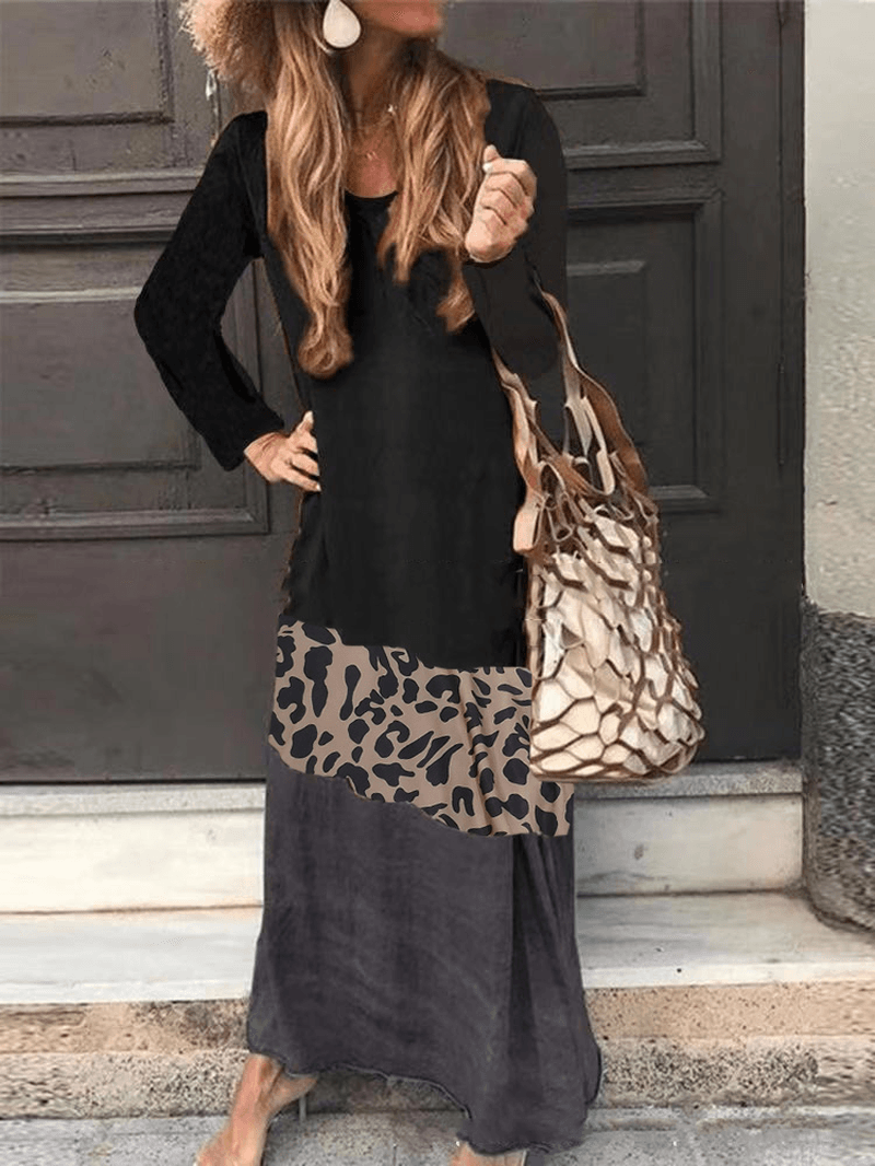 Leopard Print Patchwork Short Sleeve Causal Maxi Dress - MRSLM