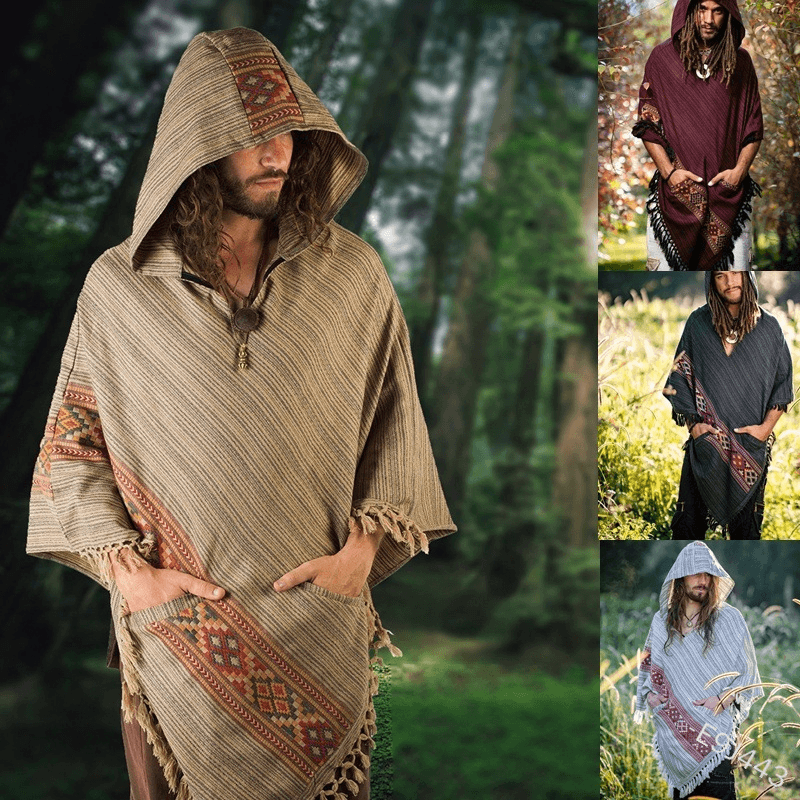 Hooded Cloak Shawl Ethnic Style Hedging Fringed Big Shawl Male