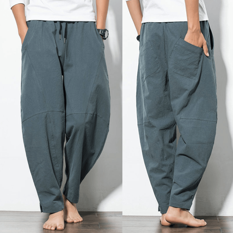 Men'S Loose Wide Leg Pants Solid Color Casual Baggy Breathable Cotton Harem Pants